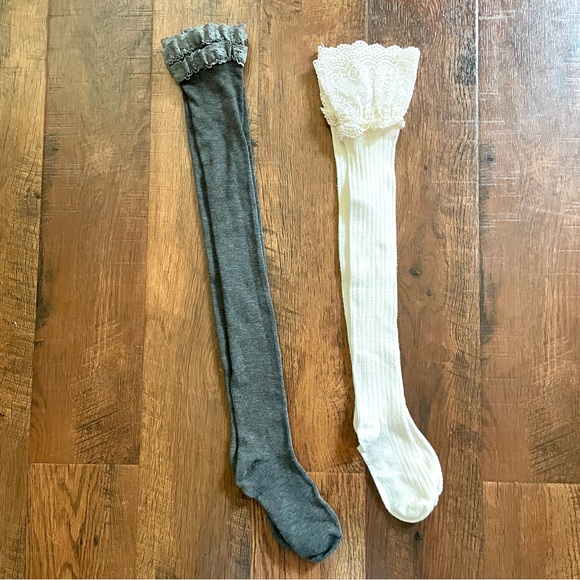 Thigh high lace trim socks, 2 pair, white/ecru and grey - Picture 3 of 12